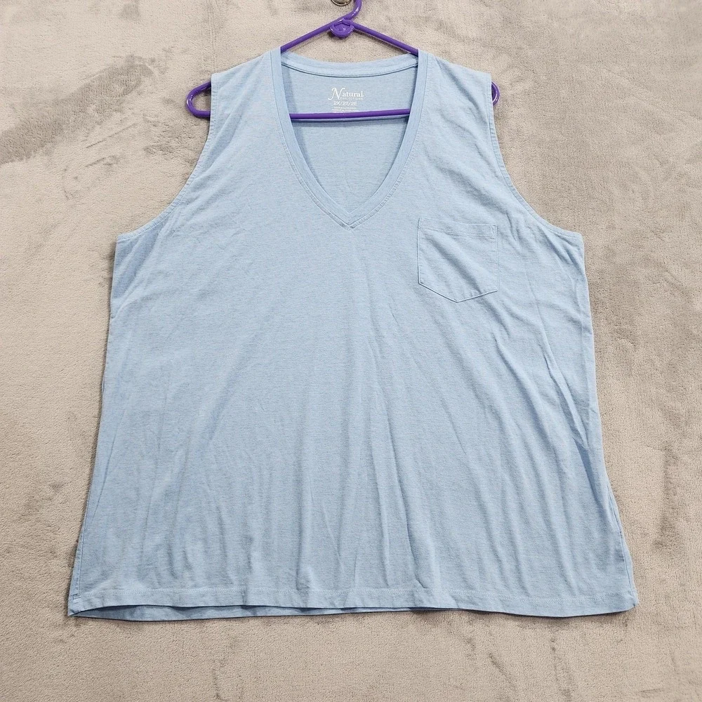 Natural Reflections Tank Womens 2X Blue V-Neck Pocket Jersey Knit Stretch Casual